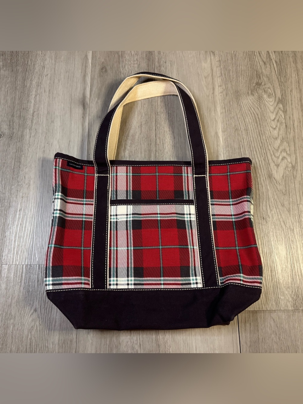 Lands End Plaid Tote Red plaid Canvas Shoulder Bag  Open Top 5 Pocket